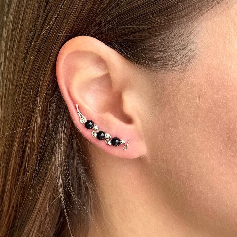 Unique Black Onyx Climber Earrings in Sterling Silver Handmade Jewelry Gift